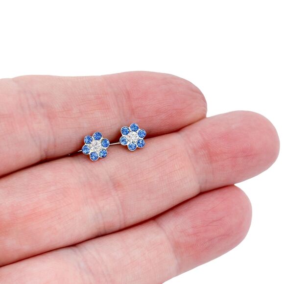 Sterling Silver 925 7.2mm Blue & Clear Cubic Zirconia Flower Stud Earrings - Picture 1 of 7